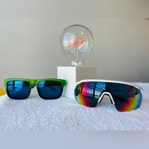 Men’s / Unisex Sunglasses - Two Pair - Green Wayfarer & White Rainbow Shield